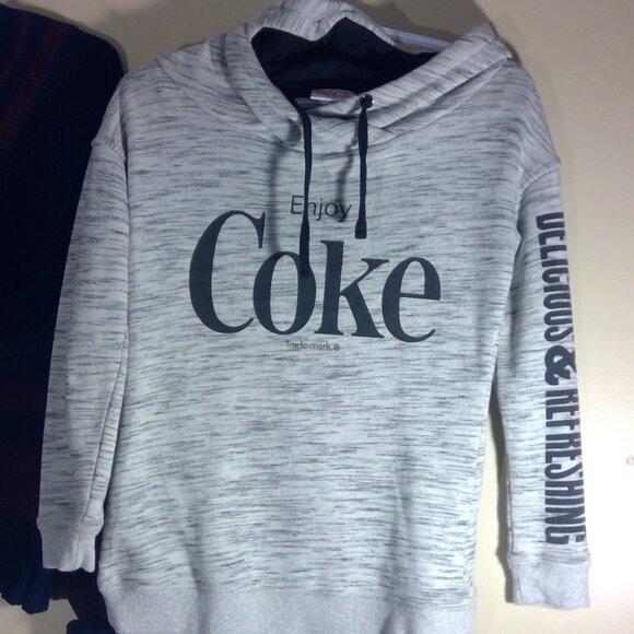 Enjoy COKE Hoodie Short Crossed back Drawstring lined hood xs gray black baggy - Picture 1 of 6